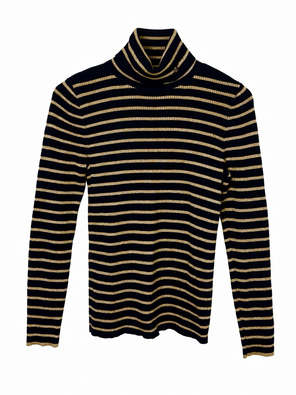 Lauren Ralph Lauren Black Gold Metallic Stripe Ribbed Logo Turtleneck Size L